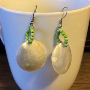 Green bead and white shell earrings
